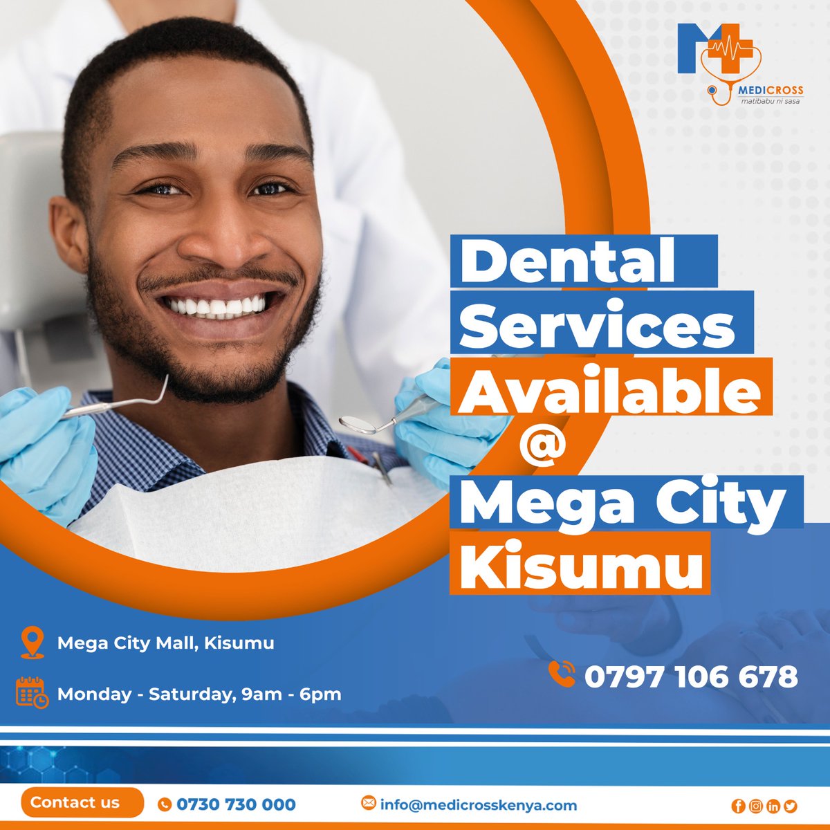 If you're in Kisumu, you can now avail of dental services at Mega City Mall. From dental cleaning to filling and extractions, our experienced dentists are here to help you maintain good oral health. Book an appointment with us today and smile confidently.