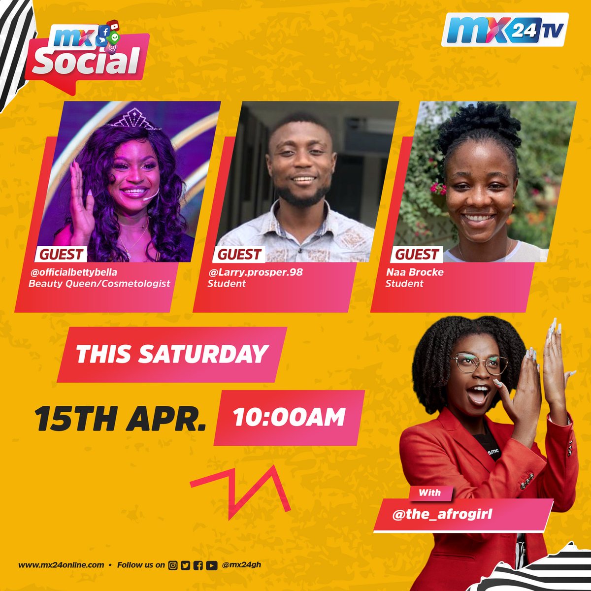 mx24gh's tweet photo. It's the weekend! Join @_AfroGirl and guests Betty, Larry and Naa as they look back to the trendiest stories on social media this week. We're LIVE at 10am!
#mx24gh #funfearlessfactual #MXSocial https://t.co/i4FZeLr49S