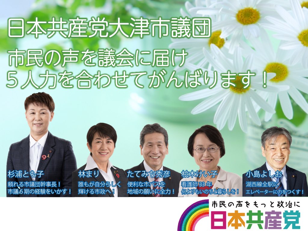 02to21m's tweet photo. いよいよ明日から大津市会議員選挙が始まります。５名の日本共産党大津市会議員団を再びつくってください。
市民の命と暮らしを守る議席へ力をお貸しください。 https://t.co/8Mqqqcf33K