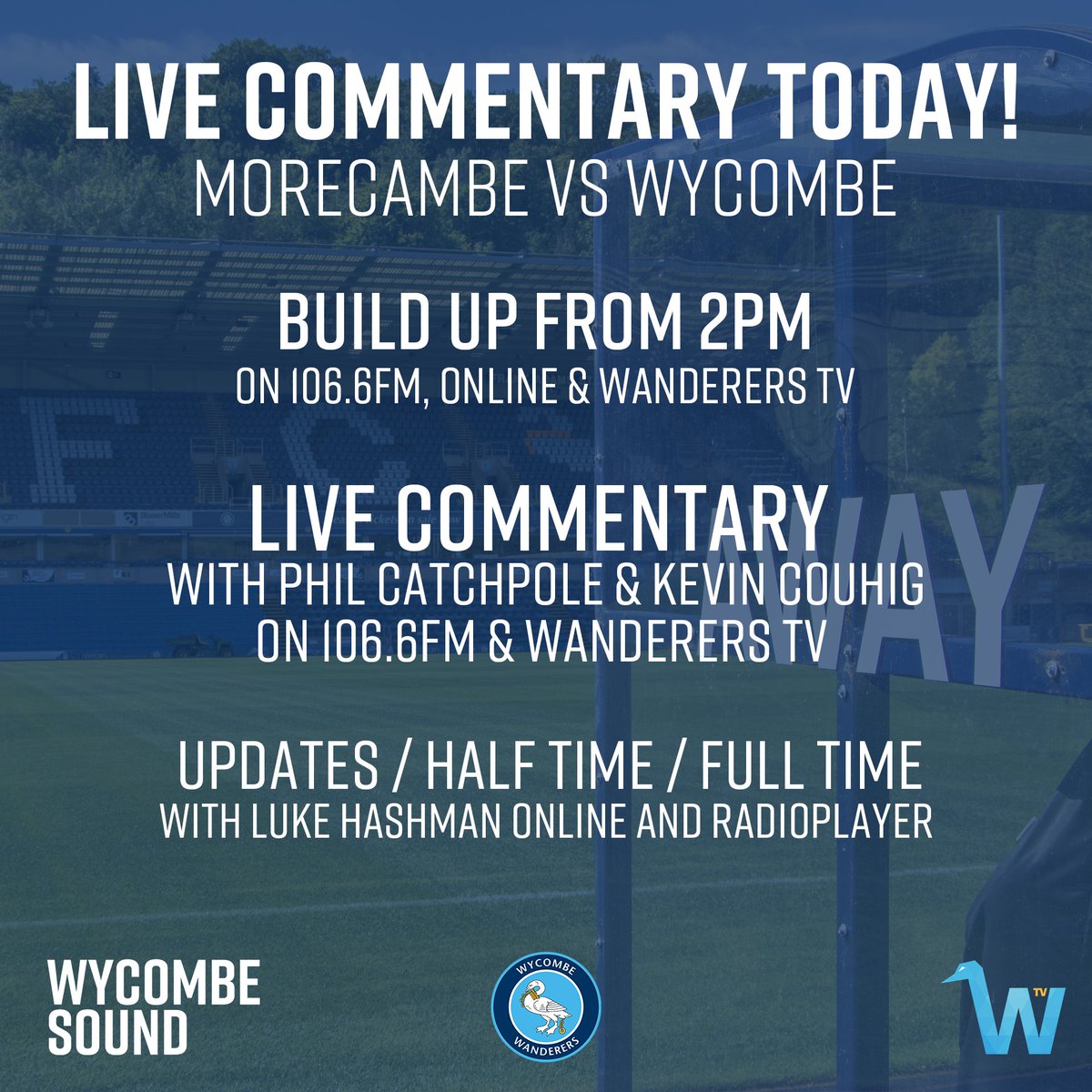 IT'S MATCHDAY! 

- Build up from 2 on #WycSo & WanderersTV
- Live commentary with @bluntphil & @kevincouhig
on 106.6fm & WanderersTV     
- Updates with @lukehashman 
 
 wycso.org.uk // wwfc.com
@wwfcofficial #MORvWYC