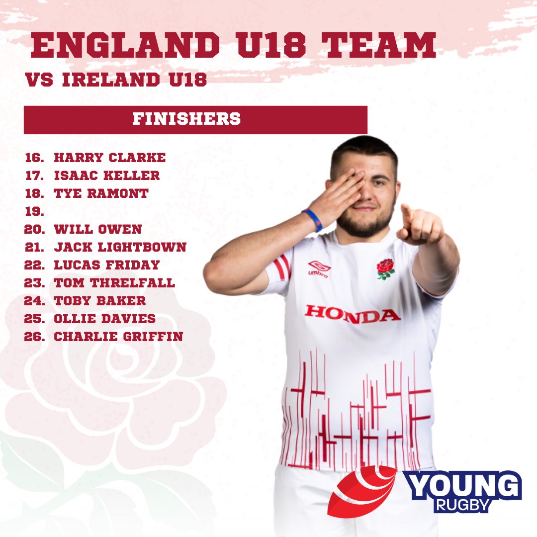 Here’s how @EnglandRugby U18 line up Vs Ireland tomorrow 👇

You can follow the livestream on @SixNationsU20 Youtube with commentary from @willrobertsport 🎙️