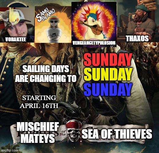 MischiefMateys's tweet photo. Hello, Vengeance here with an update: Mischief Mateys sails are moving to Sunday, Sunday, Sundays!! Make sure to watch us on Twitch as we get into shenanigans, have some fun, &amp; probably get into some wild scenarios. :D

- 🏴‍☠️ https://t.co/Dboi8Kw55a