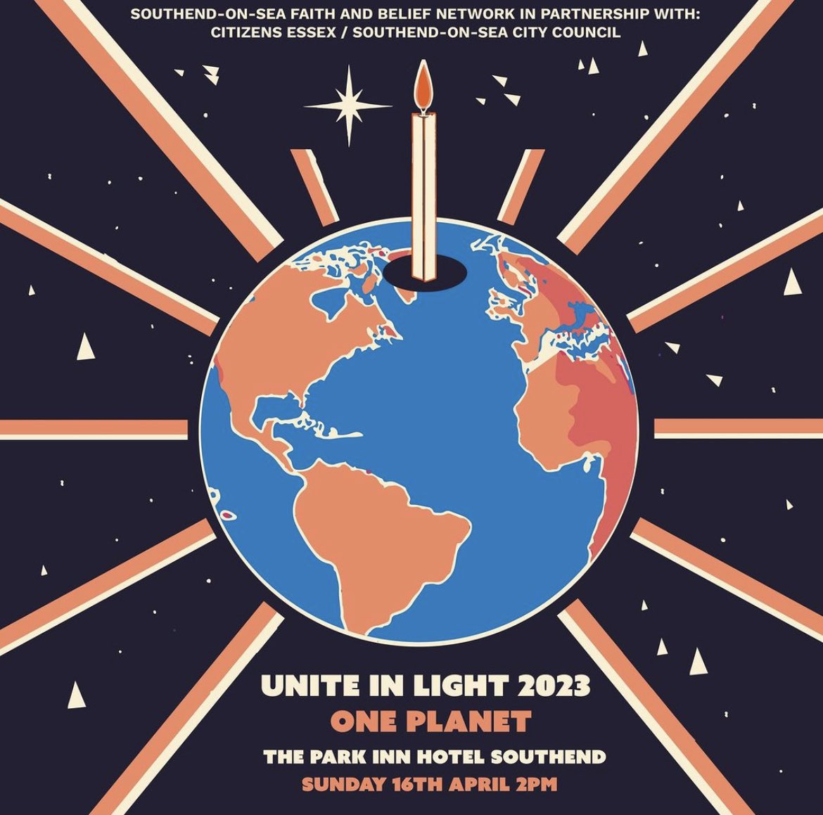 Unite in Light: One Planet, a multi faith celebration taking place on Sunday 16th April at 2pm. Brought to you by Southend-on-Sea Belief & Faith Network in partnership with Citizens Essex and the City Council. Free tickets: actionnetwork.org/events/unite-i…