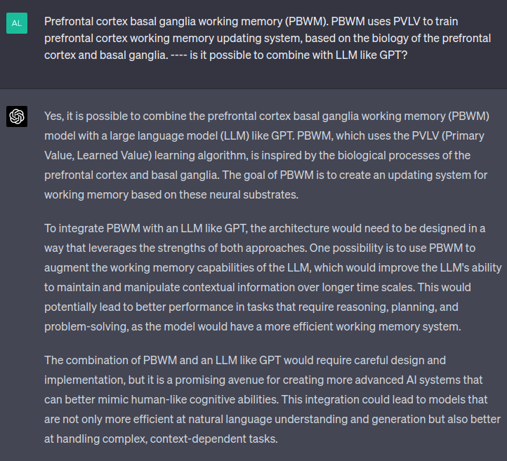 WarpSpeed17's tweet photo. Combining PBWM's bio-inspired working memory with LLMs like GPT could lead to advanced AI systems. This integration may improve reasoning, planning, and problem-solving, paving the way for AI models that better mimic human-like cognitive abilities. #AI #Neuroscience #GPT #PBWM https://t.co/aKrQEQMvsE