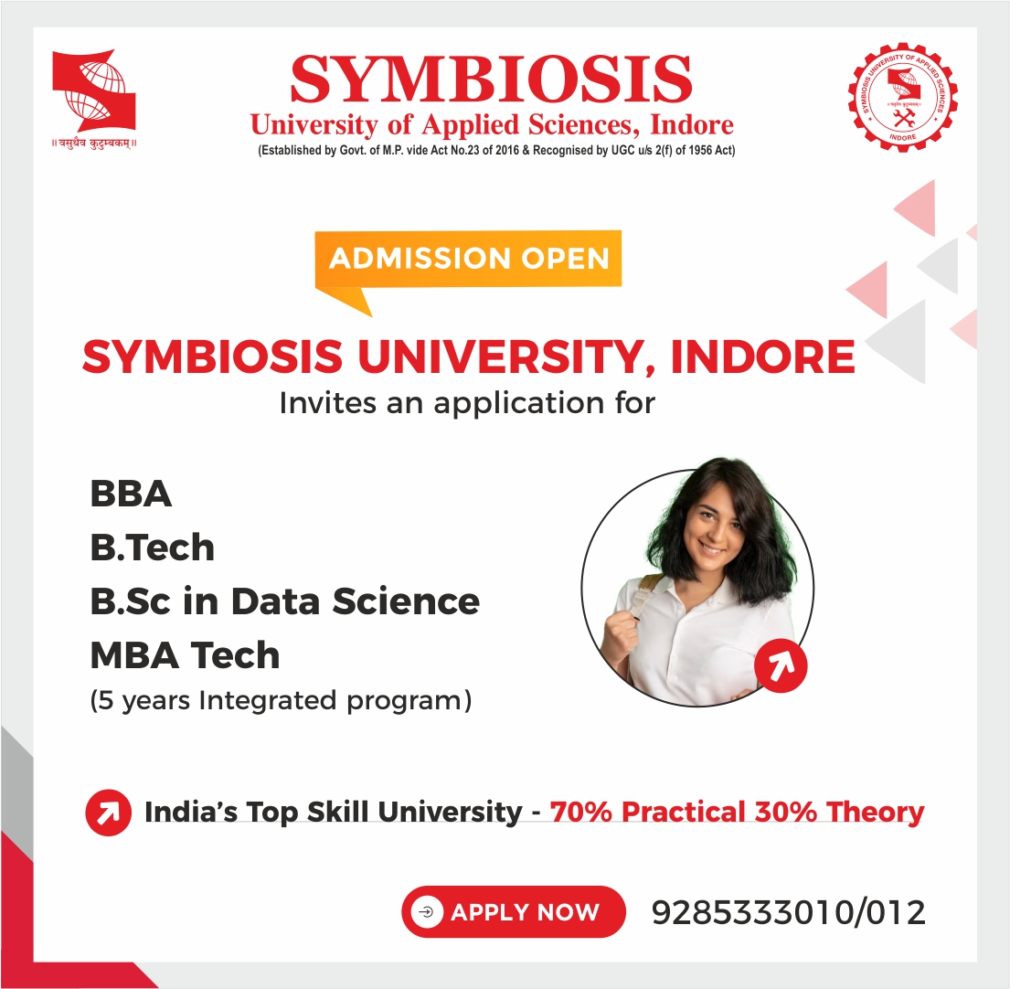 SUAS_Indore's tweet photo. Start your skilling journey today. Enroll for UG & PG program at SUAS Indore.
#SUAS #Indore #Skills #SkillUniversity #MBATech #BBA #Bsc #graduation #Labs #Symbiosis #Indore #Students #Learningbydoing https://t.co/fwVEViZUdQ