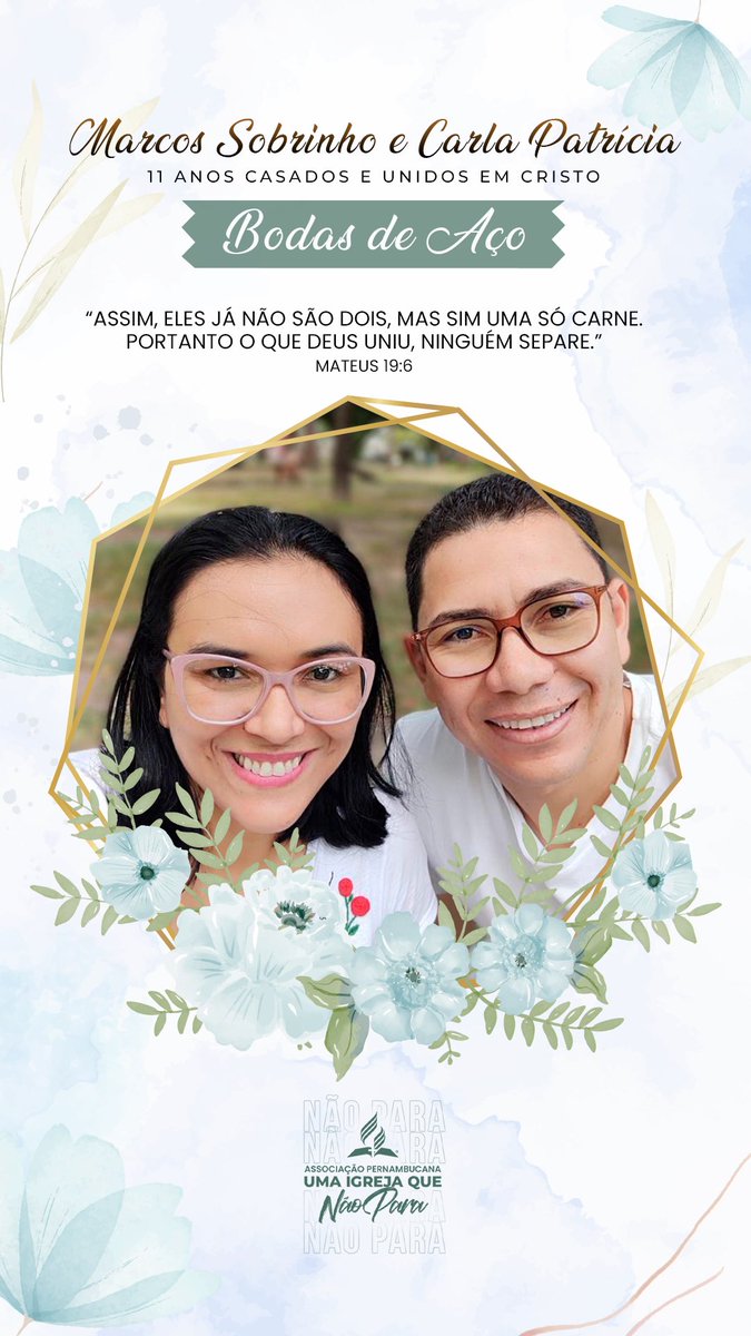 ✅ A Associação Pernambucana parabeniza os dois casais ministeriais, Jeferson Castro e Diana, como também o Marcos Sobrinho e Carla Patrícia, pelo aniversário de casamento! “Aquilo que Deus uniu ninguém separe”!
#PrimeiroDeus #APeUmaIgrejaQueNaoPara