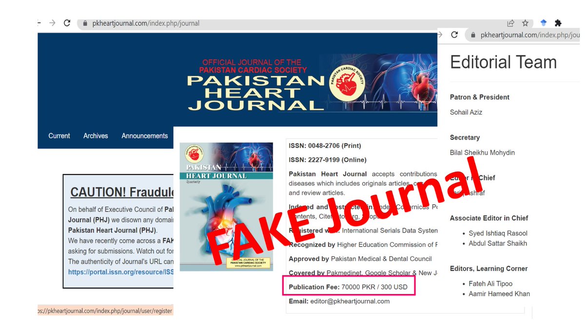 academia_kmu's tweet image. Alert
#PakistanHeartJournal  official journal of Pakistan Cardiac Society 
pcs.org.pk has been
cloned. 
pakheartjournal.com/index.php/pk is the website of original journal &amp;amp; 
pkheartjournal.com/index.php/jour… is the website of #ClonedJournal / #fakeJournal
#PredatoryJournal
