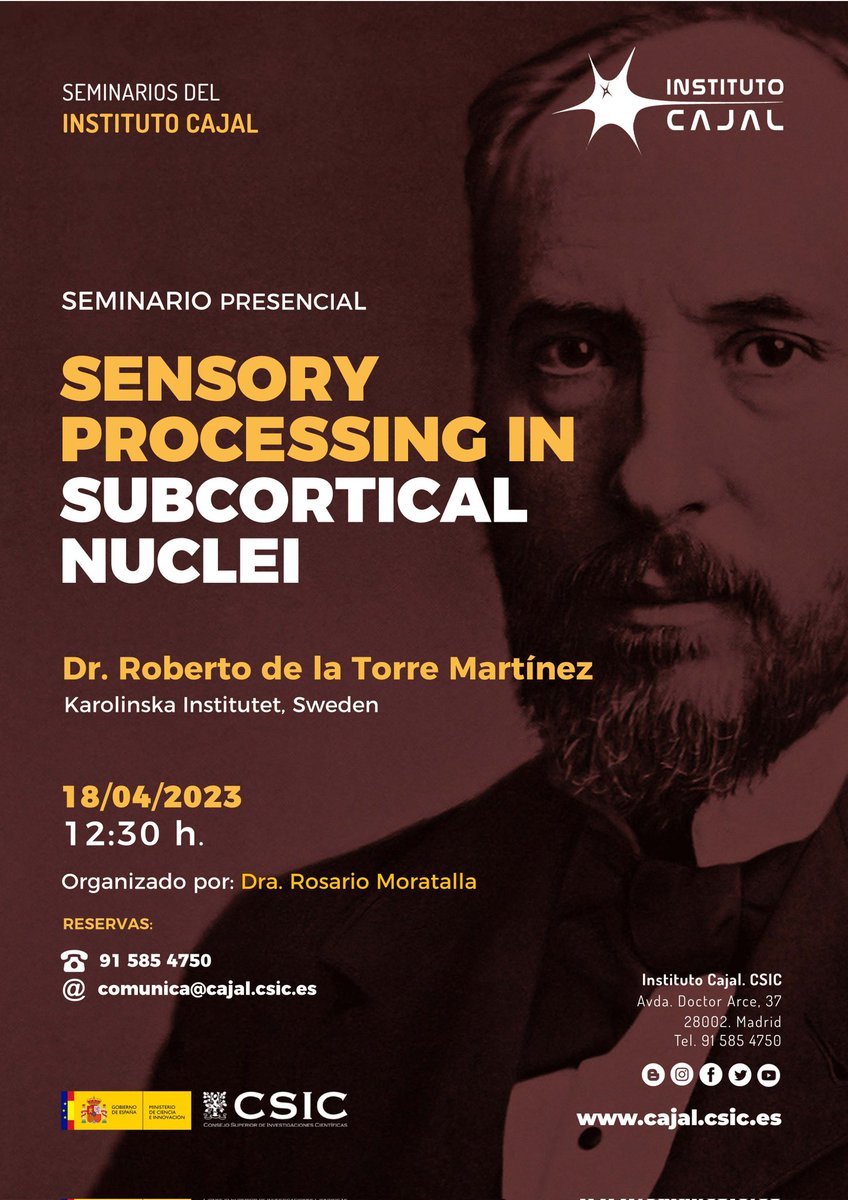 Next Tuesday 18th April 2023, I will be in @InstitutoCajal (Madrid) talking about our recent findings in sensory processing in the brain. See you there! 
#neuroscience #basalganglia #sensory @StratNeuro @karolinskainst