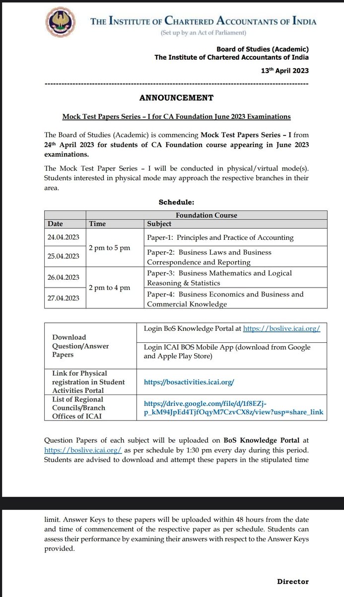 ICAI is conducting mock exams from
24th April, 2023 for CA Foundation students appearing in June 2023. 

Tests will be conducted in both physical and virtual mode. 

Details in the link in comments.

#cafoundation #caexams #mockexams #icai #icaiexams #castudents