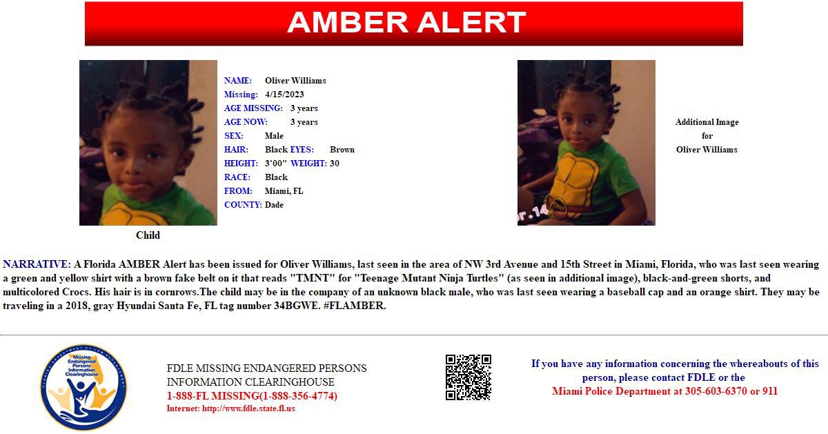 PBSO on Twitter "🚨 AMBER ALERT Oliver Williams, 3, missing from Miami