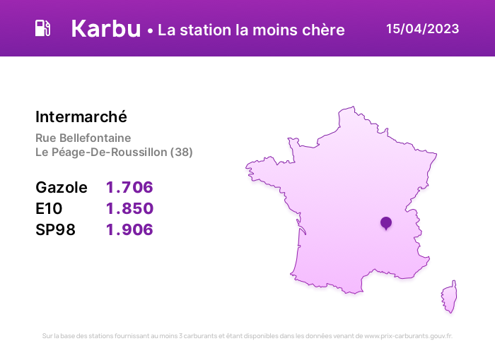 KarbuApp's tweet photo. La station la moins chère du jour est à Le Péage-De-Roussillon (38) !

Téléchargez Karbu pour Android: https://t.co/mYY1F7brqW
#essence #carburant #diesel #france #karbu #penuriecarburant https://t.co/qewsSAl1MT