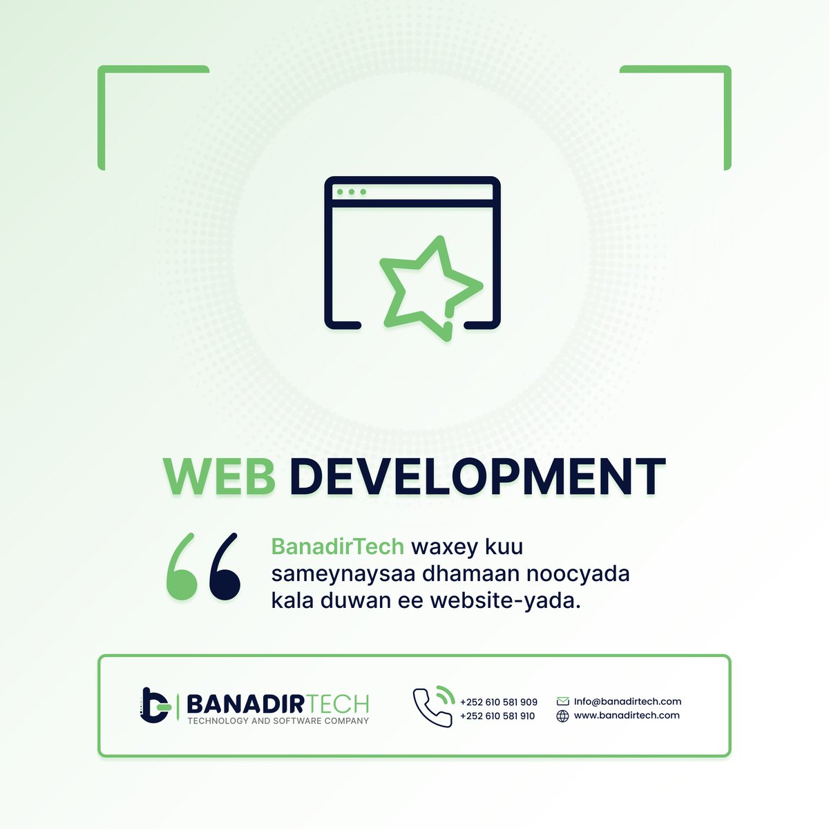 BanadirTec's tweet photo. Ganacsi kasta wuxuu u baahanyahay inuu lahaado website si u noqdo ganacsi hormarsan. 
BanadirTech waxey ganacsiyo badan ka saaciday in ay lahaadaan website-yo caalami ah, hadaba adigana si aan website caalami ah kuugu sameyno nagala soo xirrir whatsapp: +252 61 0581909
#website https://t.co/Vr2GDKCMvk