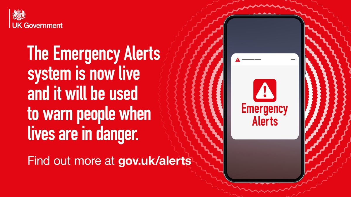 🚨At 3pm on Sunday, 23 April, the UK government will test its #EmergencyAlerts system, warning people when their lives are in danger.

You will see a message on your mobile phone along with a sound &amp; vibration of up to ten seconds. 

Find out more: gov.uk/alerts