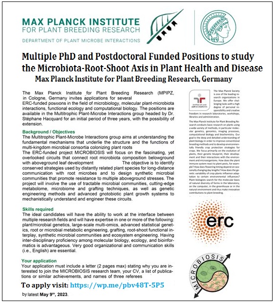agristok's tweet photo. 📌 Multiple PhD and  Postdoctoral Funded Positions to study the Microbiota-Root-Shoot Axis in  Plant Health and Disease🌱🦠 at Max Planck Institute for Plant Breeding  Research, Germany 🇩🇪... Please retweet ! For details visit the link  below👉 https://t.co/gpYLmwcdIV https://t.co/99oWjoxthB
