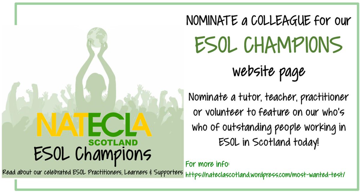 nateclascotland's tweet photo. Nominate a Colleague for our ESOL CHAMPIONS website page & celebrate their contributions to ESOL in Scotland: https://t.co/qSVEfWNetX
#esol #lovesol #esolchamps https://t.co/Xy5XDZlXB2