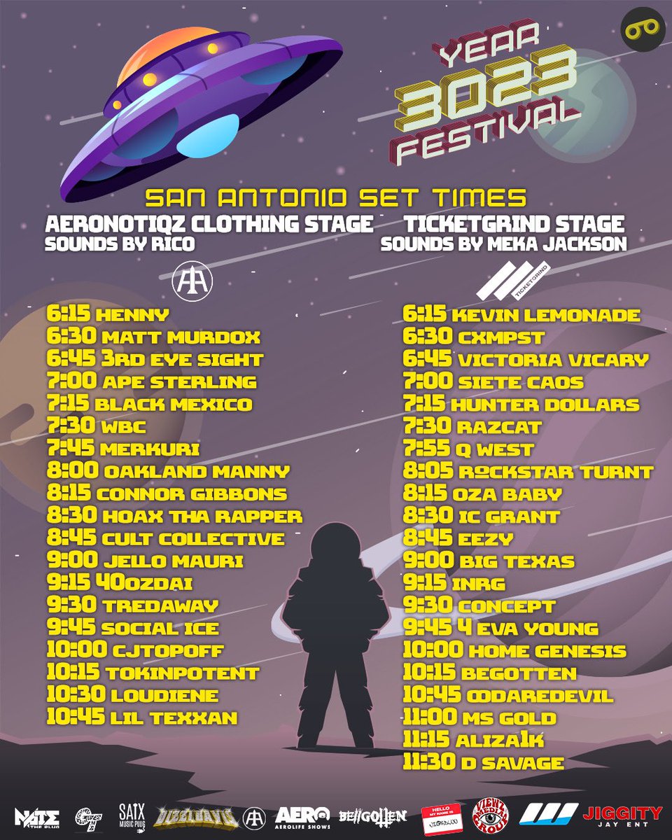 AeronotiqzInfo's tweet image. Set times the #Year3023 Festival Today in San Antonio, TX!

With @dsavage3900 @oodaredevil @aliza1k @loudiene @ConceptRaps @TheRealLilTexx @40ozDai @JelloMauri @CJTopOff &amp;amp; more!

Today at @papertigersa 

All Ages | Doors at 5pm
Ticket Packages @ AEROLIFESHOWS.COM