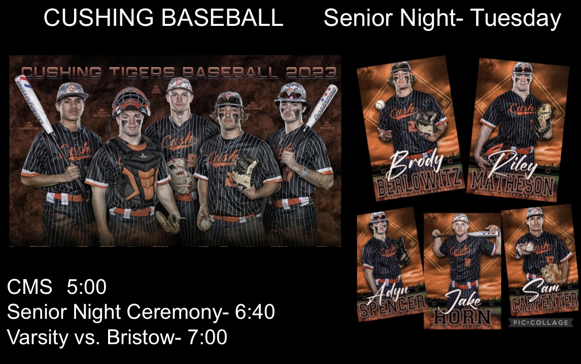 Cushing Baseball (@baseballcushing) on Twitter photo The Tigers will finish up district play this week with Bristow. Come support the 19-0 team as they honor the seniors this Tuesday. Keep it rolling Tigers!
<a href="/BrodyBerlowitz/">brody berlowitz</a> <a href="/Riley_Matheson3/">Riley Matheson</a> <a href="/jakehornjr/">Jake Horn</a> @Okladrillers The Tigers will finish up district play this week with Bristow. Come support the 19-0 team as they honor the seniors this Tuesday. Keep it rolling Tigers!
<a href="/BrodyBerlowitz/">brody berlowitz</a> <a href="/Riley_Matheson3/">Riley Matheson</a> <a href="/jakehornjr/">Jake Horn</a> @Okladrillers