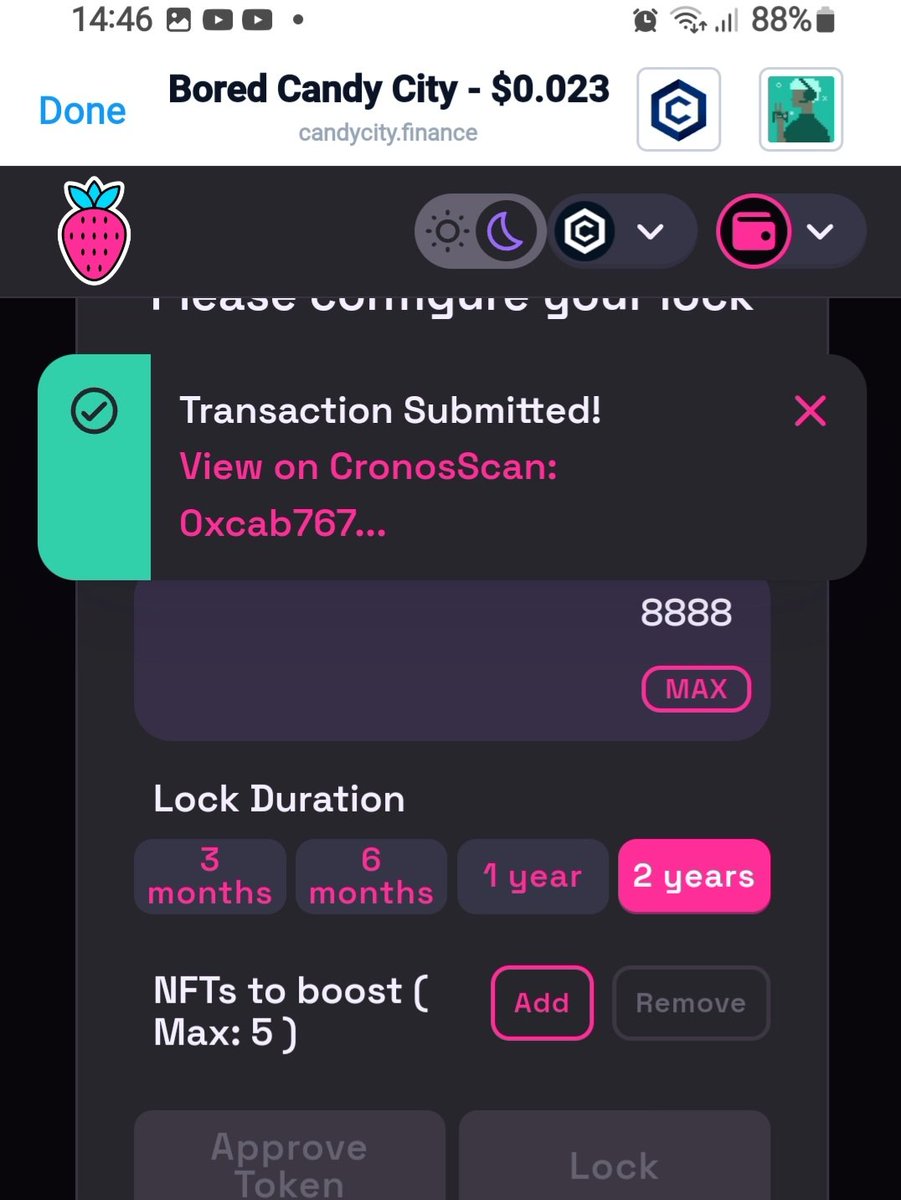 I just created a new 2 year Candy Lock on candycity.finance 
8888 $CANDY will see no sunlight for 2 years!
To express my appreciation and confidence in the Team i will lock weekly 🍬 from now on!
Read more in next tweet👇
#CroFam #FFTB #CRO
#CandyFam #CandyLock #Cronos