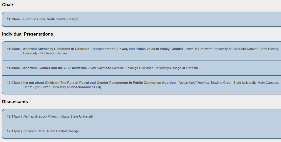 christiangrose's tweet photo. At #mpsa2023 Saturday 11:30am is the incredibly timely panel "The Politics of Abortion"

Papers on 2022 midterms, advocacy orgs, &amp; the role of race &amp; gender in attitudes 

Panelists: @smchod A. Crawford @chris_weible @DanCassino N. Kalaf-Hughes @DebraLeiter @nagremye1980 https://t.co/YMqEtBYarQ