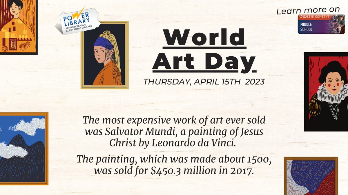 PowerLibrary's tweet photo. Learn interesting facts about the world of art on World Art Day!!
#POWERLibrary #WorldArtDay #GALEMiddleSchool
https://t.co/HEF7gbOiLH https://t.co/oD8igAZZr5