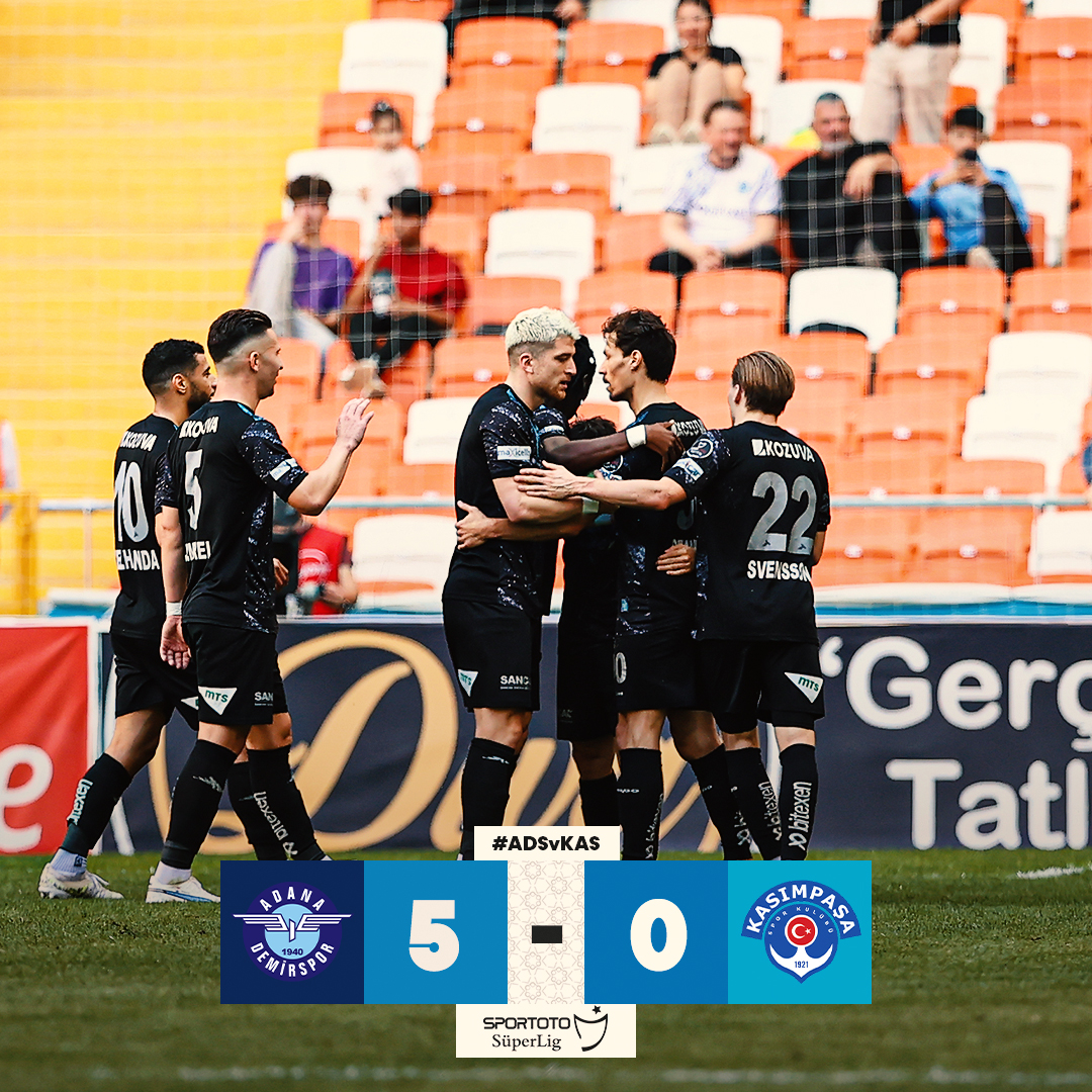 superlig's tweet photo. 📌 Maç sonucu | #ADSvKAS 

Adana Demirspor 5-0 Kasımpaşa

🔵⚪ ⚽ 18' - 21' Akintola, 27' Yusuf Sarı, 80' Cherif Ndiaye, 90' Belhanda (P) https://t.co/iHm1sMUC6O