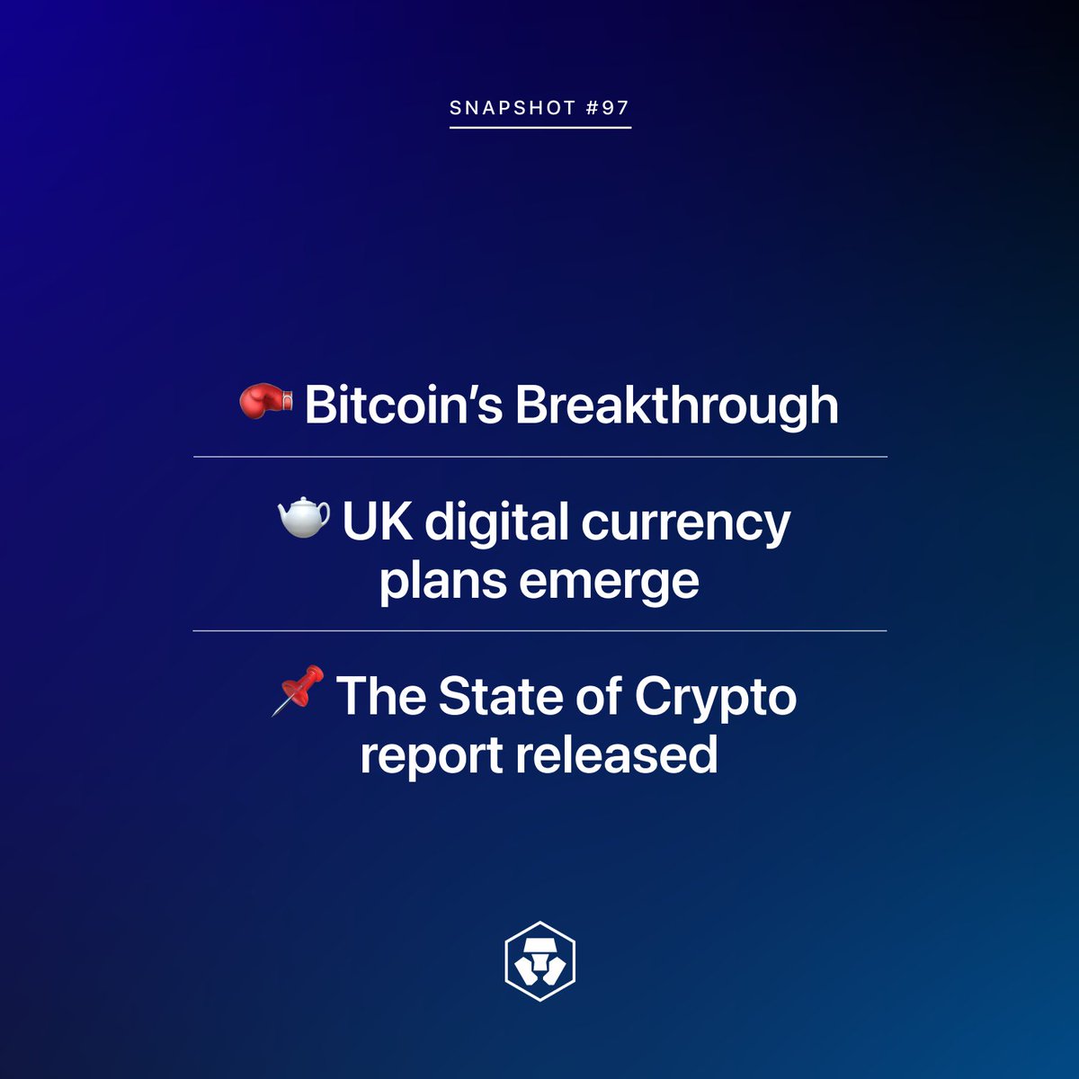 cryptocom's tweet photo. Your weekly #crypto snapshot...

🥊 Bitcoin’s breakthrough
🫖 UK digital currency plans emerge
📌 The State of Crypto report released

Get the details 👇
https://t.co/hi5NWObEvm https://t.co/lT36Go6xkz