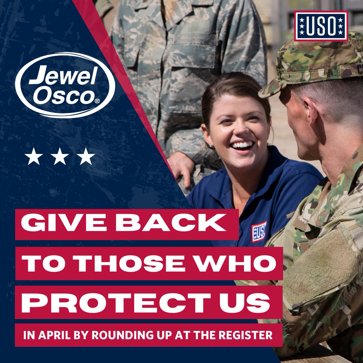 Thank you to everyone who has rounded up at the register so far in April! 188 <a href="/jewelosco/">Jewel-Osco</a> locations are supporting the USO through April 30, and you can too! Visit your local Jewel-Osco and give at the register in support of our nation’s military members and their families.