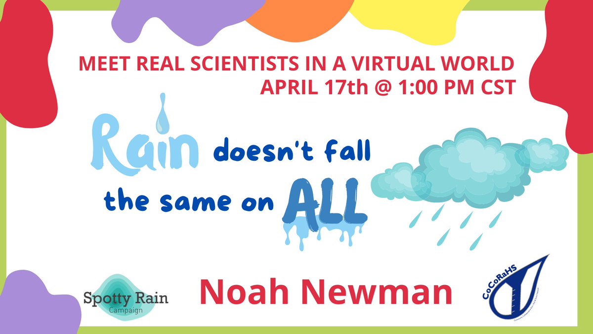 Meet a Scientist in a Virtual World April 17th at 1:00 p.m. for Rain Doesn't Fall the Same on All! Scientist Noah Newman will discuss a national network of backyard weather monitors and how you can get involved in our main hall. Register at: docs.google.com/forms/d/e/1FAI… @CoCoRaHS
