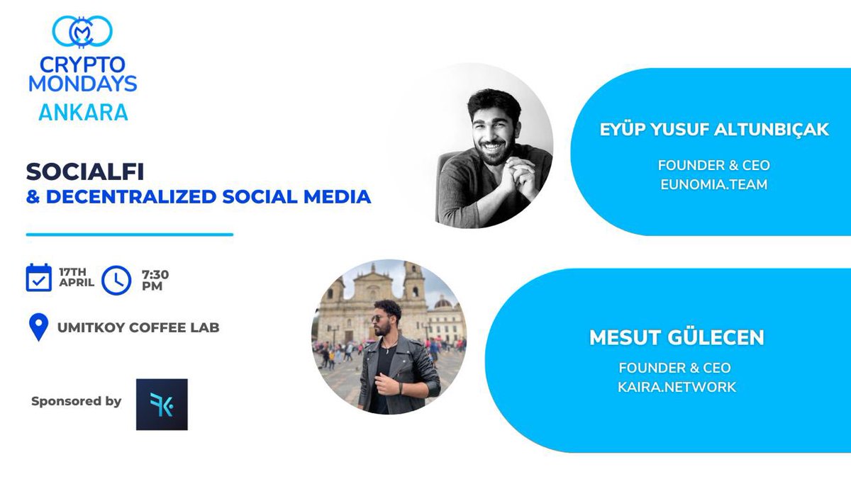 This Monday for CmAnkara, we are excited to continue our event with great speakers <a href="/eyupyusufa/">Yusuf Altunbıçak</a> &amp; <a href="/mesutgulecen/">Mesut</a> will be discussing "SocialFi &amp; Decentralized Social Media" 
Don't miss out on this exciting event!
📆 Date: 17.04.2023
📍 Ümitköy Coffee Lab

Sponsored by <a href="/KairaNetwork/">Kaira</a>