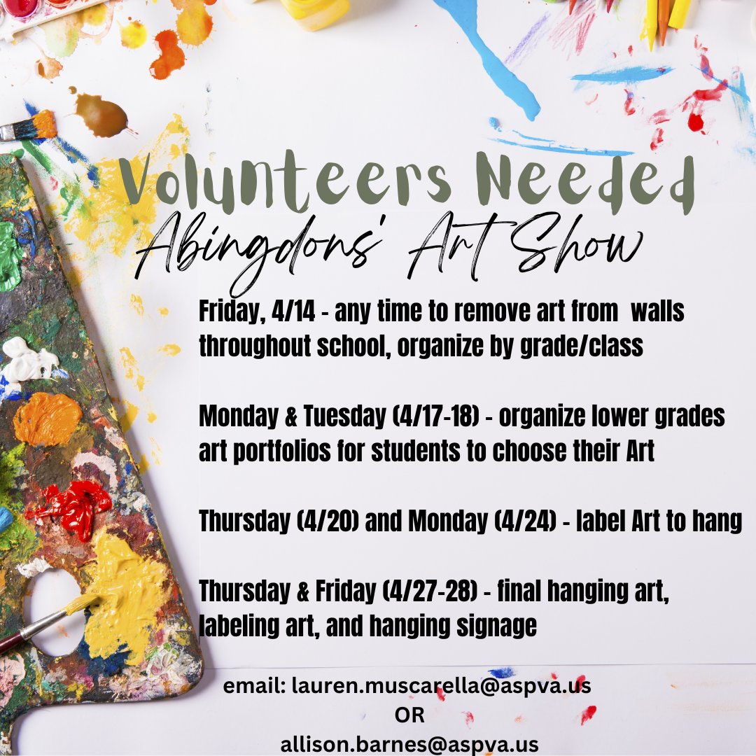 Volunteers needed for Abingdon's Art Show.
.          .          .
Se necesitan voluntarios para la Muestra de Arte de Abingdon.