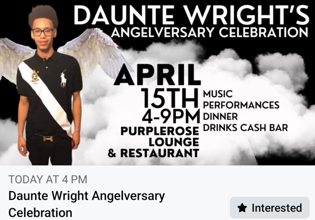 Join the family of #DaunteWright in MN today, for a celebration of his Life, as we commemorate his 
2 year Angelversary. 🕊🙏🏽
Lift up his memory and name.

We continue to stand with his family! 

Event information:
fb.me/e/OdaYuurq