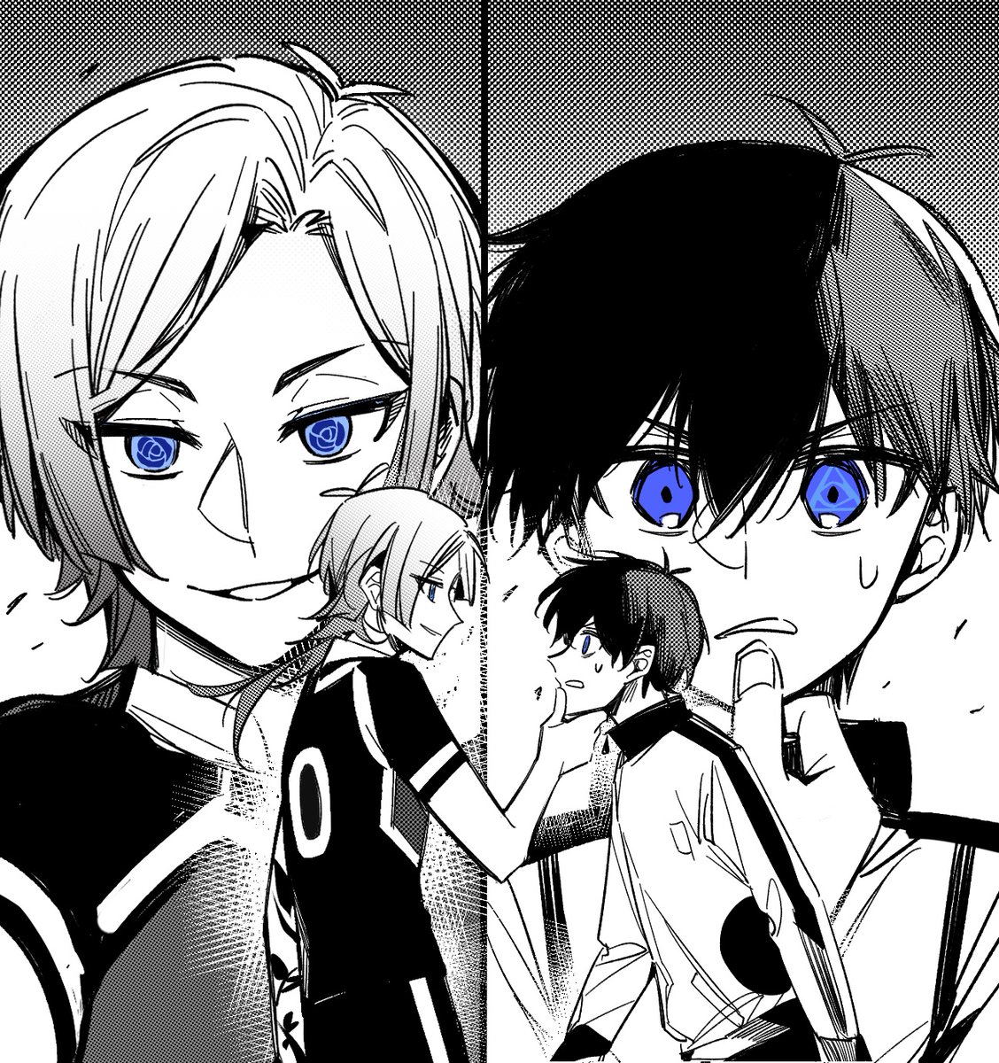 JiangRosetta's tweet photo. Kaisagi/Kiis ?
Inspired by “Oshi no Ko”
Story in comments

「People has secrets that appear in their eyes. They're only seen by Isagi.」
「He's never seen such 2 vivid icons until Kaiser, which means he has TWO HORRIFYING secrets.」

It's my order. Drawer@frogimeda 
Don't repost https://t.co/InPi1Ze8ug