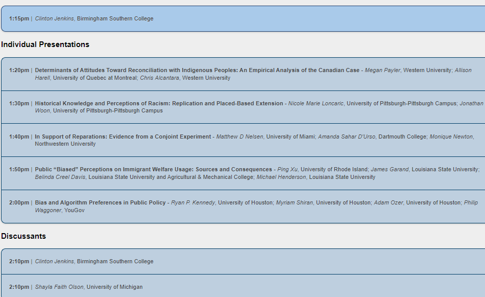 Christian Grose (@christiangrose) on Twitter photo Race, Ethnicity, and Public Opinion - this #mpsa2023 panel is on at 1:15pm CT Sat.
Papers on bias in algorithms, attitudes toward reparations & reconciliation + more
Panelists include <a href="/MeganPayler/">Megan Payler</a> <a href="/jonwoon/">Jonathan Woon</a> @nelsen_matt <a href="/asdurso/">Amanda Sahar d’Urso</a> <a href="/RyanKennedy7/">Ryan Kennedy</a> @MyriamShiran @ozerthinking + more Race, Ethnicity, and Public Opinion - this #mpsa2023 panel is on at 1:15pm CT Sat.
Papers on bias in algorithms, attitudes toward reparations & reconciliation + more
Panelists include <a href="/MeganPayler/">Megan Payler</a> <a href="/jonwoon/">Jonathan Woon</a> @nelsen_matt <a href="/asdurso/">Amanda Sahar d’Urso</a> <a href="/RyanKennedy7/">Ryan Kennedy</a> @MyriamShiran @ozerthinking + more