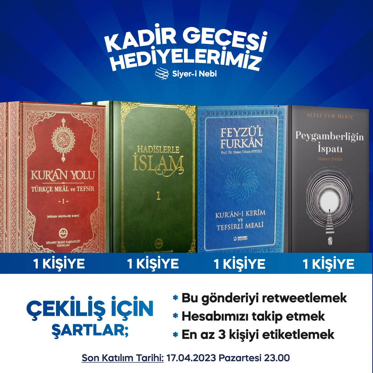 Bir kardeşimize 5 ciltlik Kur'an Yolu adlı tefsiri, bir kardeşimize 7 ciltlik Hadislerle İslam adlı eseri, bir kardeşimize Feyzü'l-Furkân adlı meâli, bir kardeşimize ise Peygamberliğin İspatı adlı eseri hediye ediyor, dualarınızı bekliyoruz.