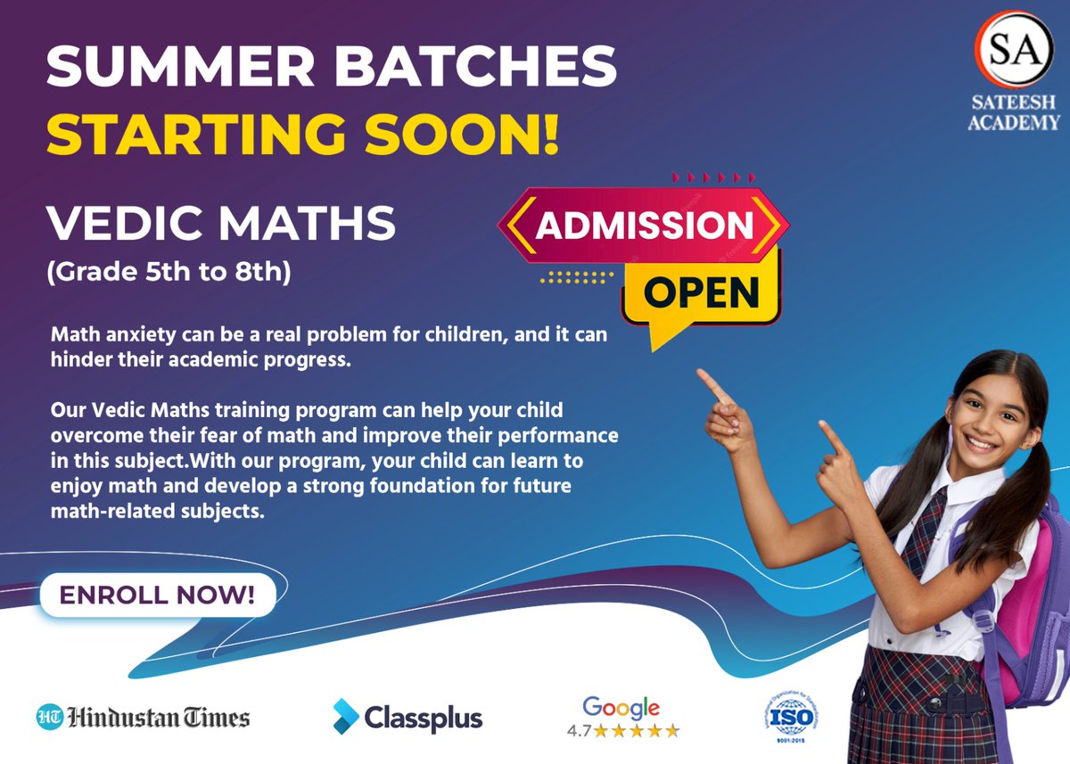 karthickviews's tweet photo. Do You hav kids of studying class 5 to 8 ?
Need to upgrade their #Math skills in this #summer ?

Then, this is for you.
#SpeedMaths becomes Must Learn skill for kids now. 

Summer batch Admission Open. 
Enroll them. Use this Summer holidays to upskill them. 
DM for details. https://t.co/Xu0py0uDEu