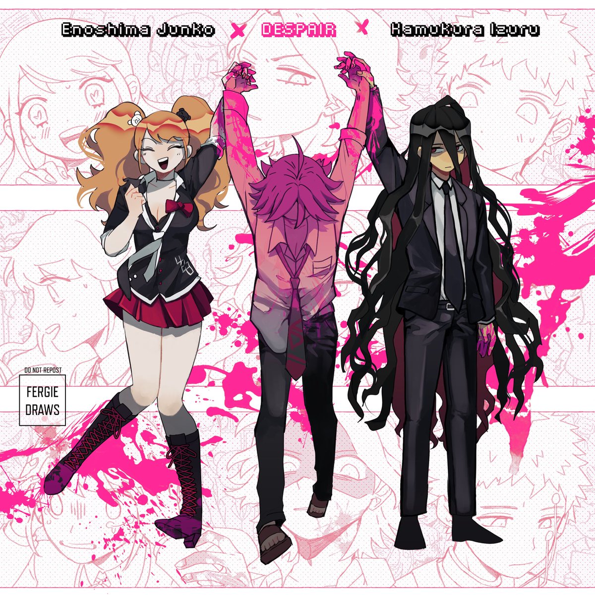 fergiedraws's tweet image. Been obsessed with these 3 and their unfortunate ties to one another 😔 #danganronpa