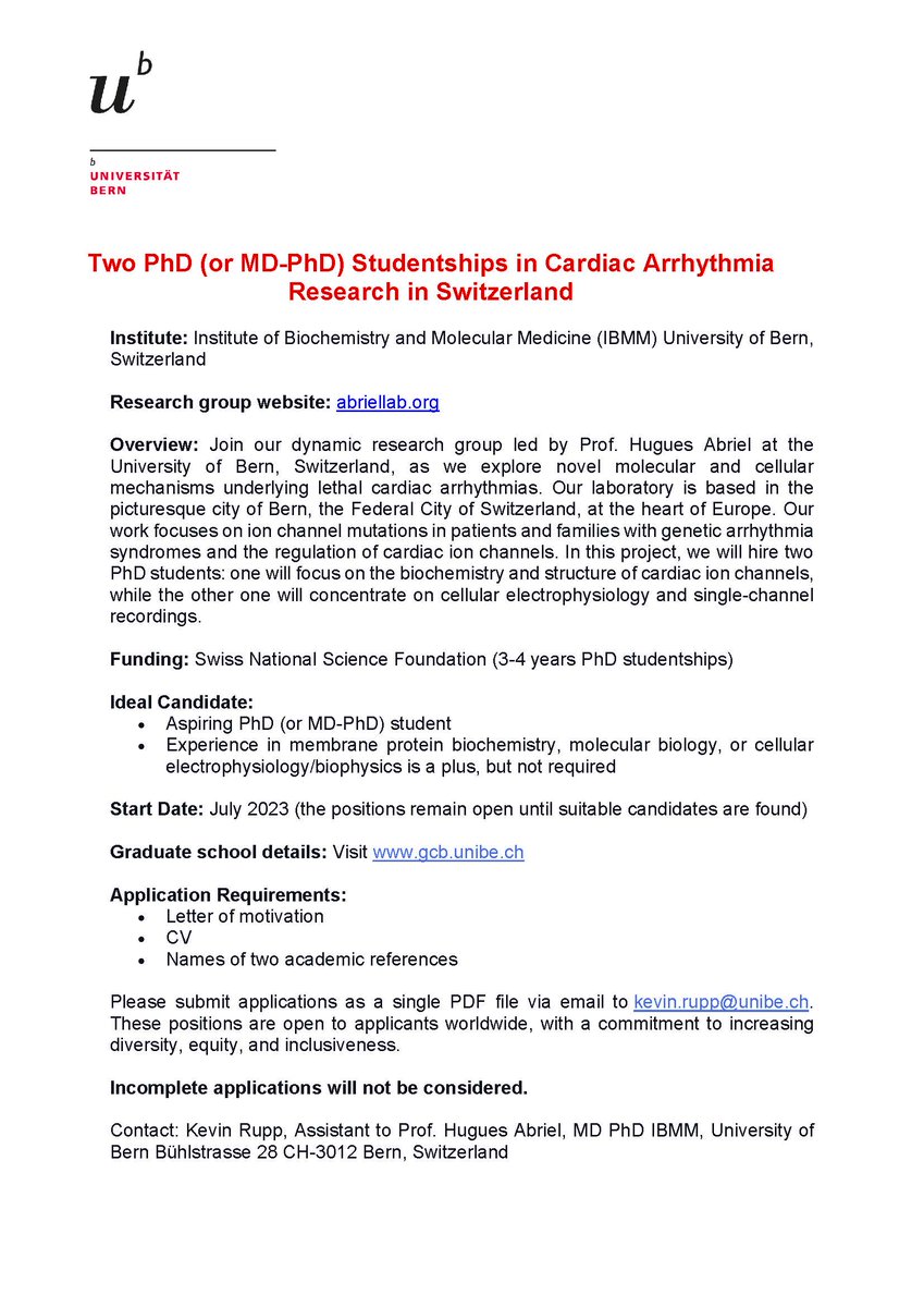 Hugues Abriel @SwissIonChannel@fediscience.org (@swissionchannel) on Twitter photo Our projects on cardiac #IonChannels & #Channelopathies have received funding from the <a href="/snsf_ch/">Swiss National Science Foundation</a>. We are seeking two PhD candidates to join our team. Do you know someone interested?
Learn more: abriellab.org
RTs are greatly appreciated!
#PhDpositions #CardiacResearch Our projects on cardiac #IonChannels & #Channelopathies have received funding from the <a href="/snsf_ch/">Swiss National Science Foundation</a>. We are seeking two PhD candidates to join our team. Do you know someone interested?
Learn more: abriellab.org
RTs are greatly appreciated!
#PhDpositions #CardiacResearch