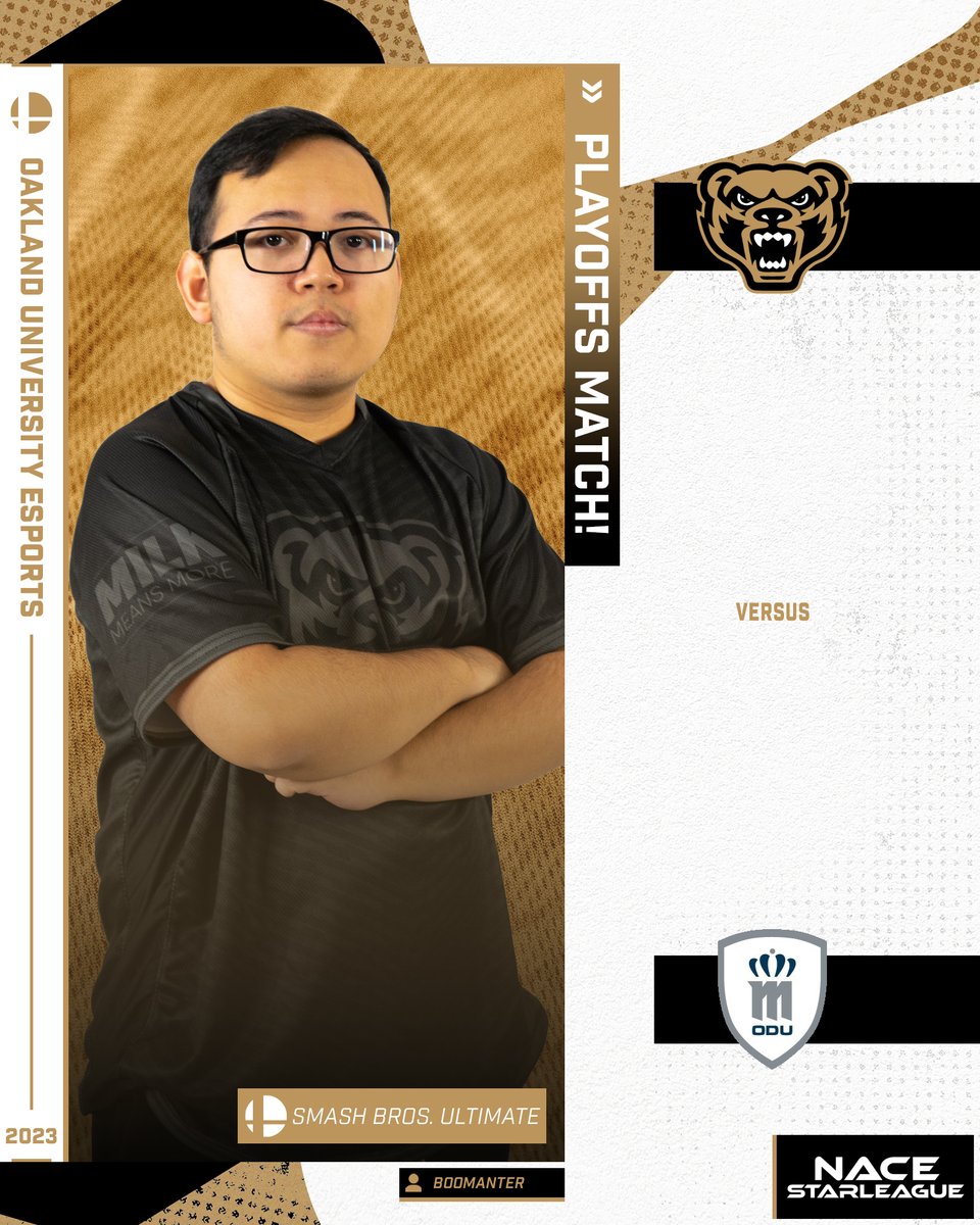 OaklandEsports's tweet photo. The TOP 8 of the NACE National Playoffs is today! The Golden Grizzlies Smash Bros Team takes it to Battlefield for their shot at a big #OUWin & spot the Final 4 of the Playoffs.
The action kicks off at 4:00 PM EST!
🆚 @ODU_Esports
👉 @nacestarleague
📺 https://t.co/rdOtxH6k8Y https://t.co/RHbIZpDlWM