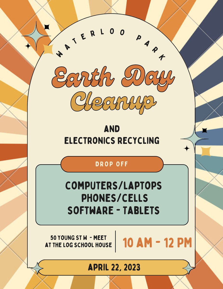 Spring cleaning? You can drop off your old computers, laptops, cell phones and tablets that need to be recycled on Earth Day in Waterloo Park to help us raise funds for a new play area.