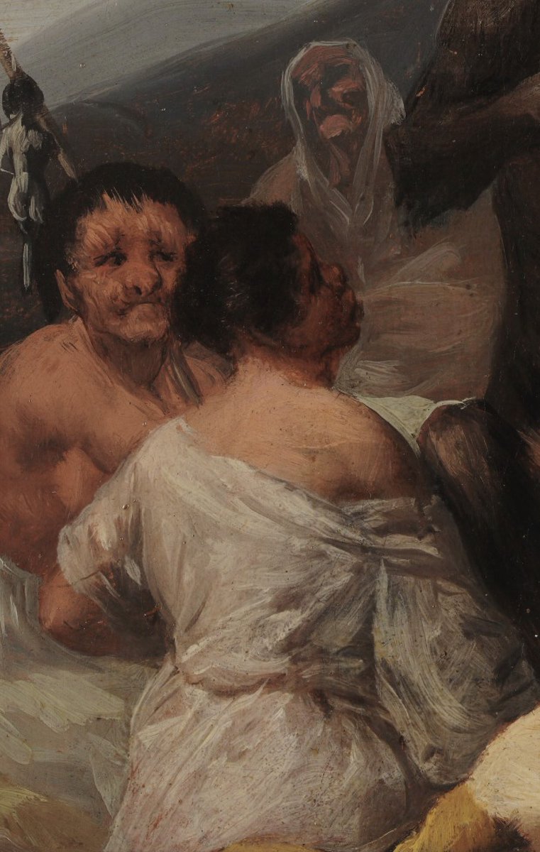 Arteymas_'s tweet photo. El Aquelarre, 1797, Francisco Goya. 

Esta mágnifica pintura de Goya forma parte de una serie de seis “asuntos de Brujas” encargados por los duques de Osuna para su finca “El Capricho”, en las cercanías de Madrid. El personaje principal de la escena es el diablo, representado como un gran macho cabrío al que se le dan dos niños como ofrenda. Este conjunto de pinturas se considera una crítica satírica a la superstición por parte de la sociedad ilustrada.