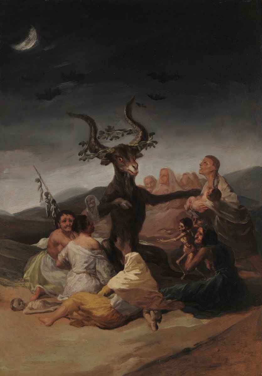 Arteymas_'s tweet photo. El Aquelarre, 1797, Francisco Goya. 

Esta mágnifica pintura de Goya forma parte de una serie de seis “asuntos de Brujas” encargados por los duques de Osuna para su finca “El Capricho”, en las cercanías de Madrid. El personaje principal de la escena es el diablo, representado como un gran macho cabrío al que se le dan dos niños como ofrenda. Este conjunto de pinturas se considera una crítica satírica a la superstición por parte de la sociedad ilustrada.