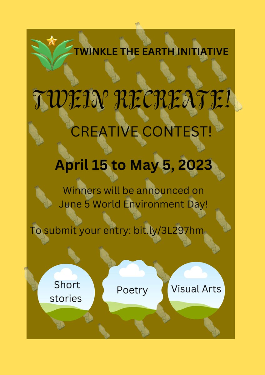 itwinkleearth's tweet photo. TWEIN Recreate!

Imagine it! Create it! Win It! 

The competition is in three categories: short story, poetry and visual arts. 

Theme:
Solutions to Plastic Pollution.

For guidelines on submission, visit https://t.co/1iiRINV4np https://t.co/IjILm5sf6D
