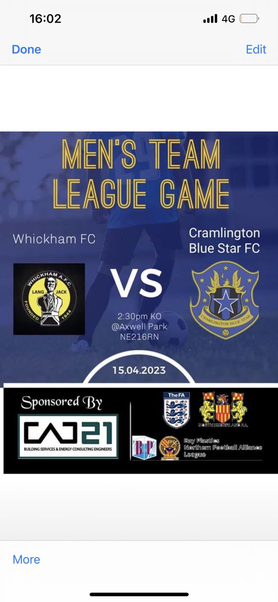 crambluestarfc's tweet photo. MATCHDAY | MENS TEAM

Our men’s team will travel Away to play Whickham FC U23’s at Axwell Park in the Northern Football Alliance League.

The team is looking to bounce back after a poor performance in our last game which saw us loose heavily on the road https://t.co/rFdVPqdyla