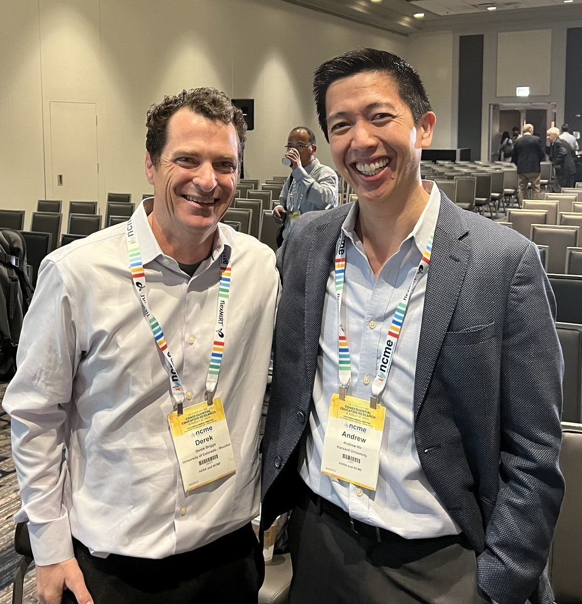 Past president @DerekCBriggs and future president @AndrewDeanHo in a moment of full consensus on a rewarding experience presenting the report from our NCME Taskforce on Foundational Competencies of Educational Measurement #NCME23