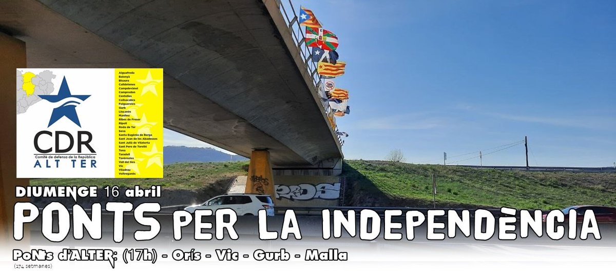 CDRCatOficial: RT <a href="/CDRepublicaVic/">CDR Vic</a>: 🔴 DIUMENGE 16-04-23 - 17H
🔴 #PONTSperLaINDEPENDÈNCIA
🔴 VINE! seguim una setmana més, i ja en són 174✊

Ponts de:
📍#VIC: Malla C17
📍#ORÍS: Can Branques C17
📍#GURB: Gurb C25

Ni un pas enrere!
#DUI #Independència