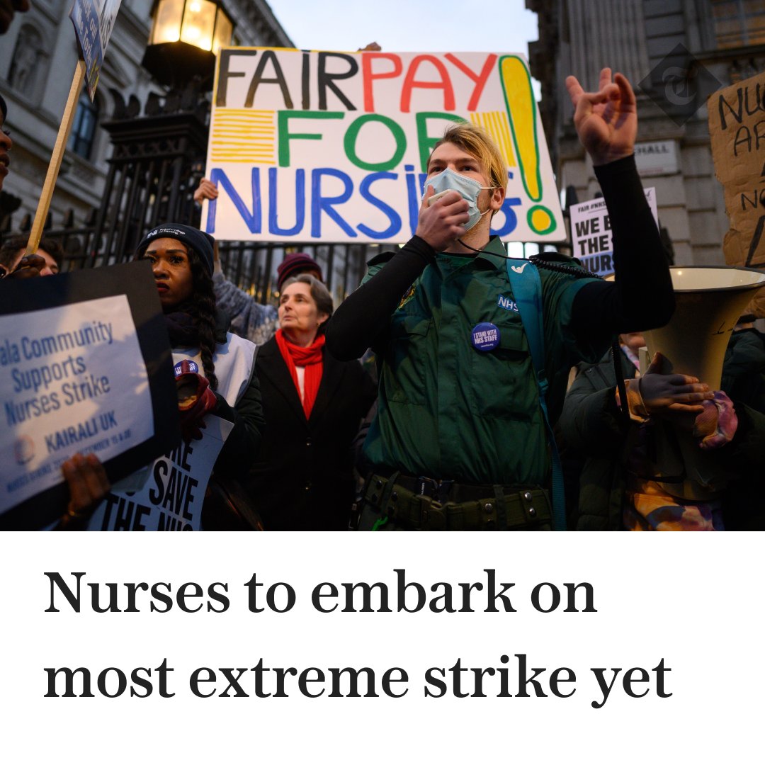 Telegraph's tweet photo. 🔴Nurses are to embark on the most extreme strikes yet, despite hundreds of thousands of health workers backing the Government’s pay offer.

Read the full article here: 
https://t.co/4AU2UjDX6f https://t.co/044xC7FxlI