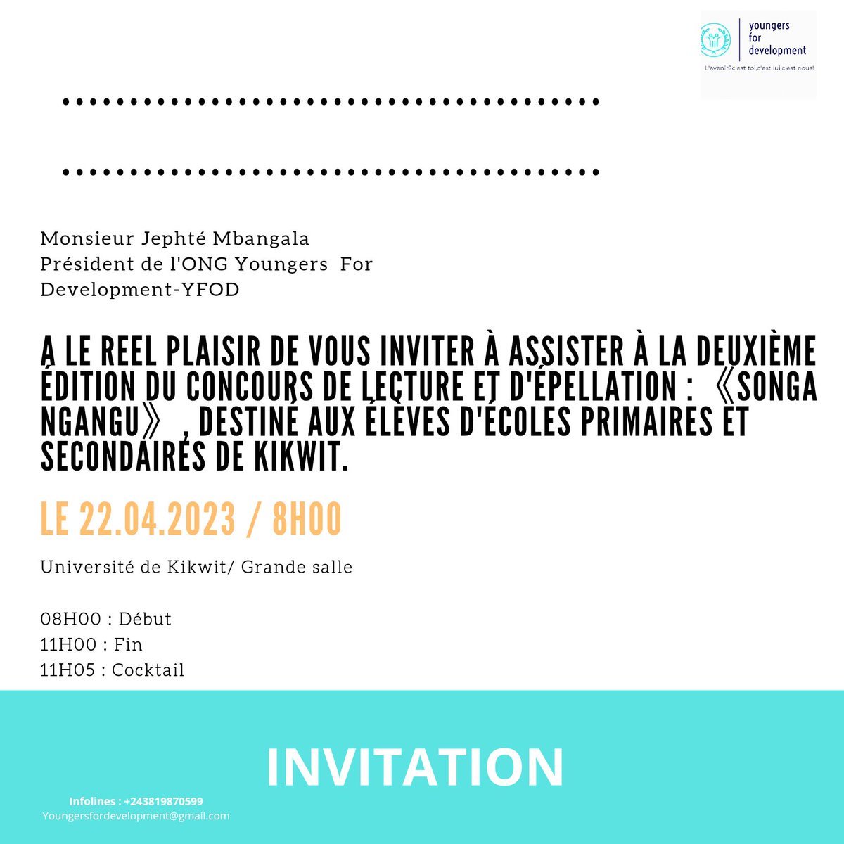 YFOD_RDC01's tweet image. Pour la jeunesse de Kikwit. Elle a grandement besoin de nos initiatives qui les accompagnent pour un développement durable de tous. 
RDV le 22 avril à 8H. L'UNIKIK. 

@DeniseNyakeru @KabilaOlive @cibalanky @DidaceKinwani @MariusMuhunga @StanysBujakera @papymbomaofc  @rkitsita