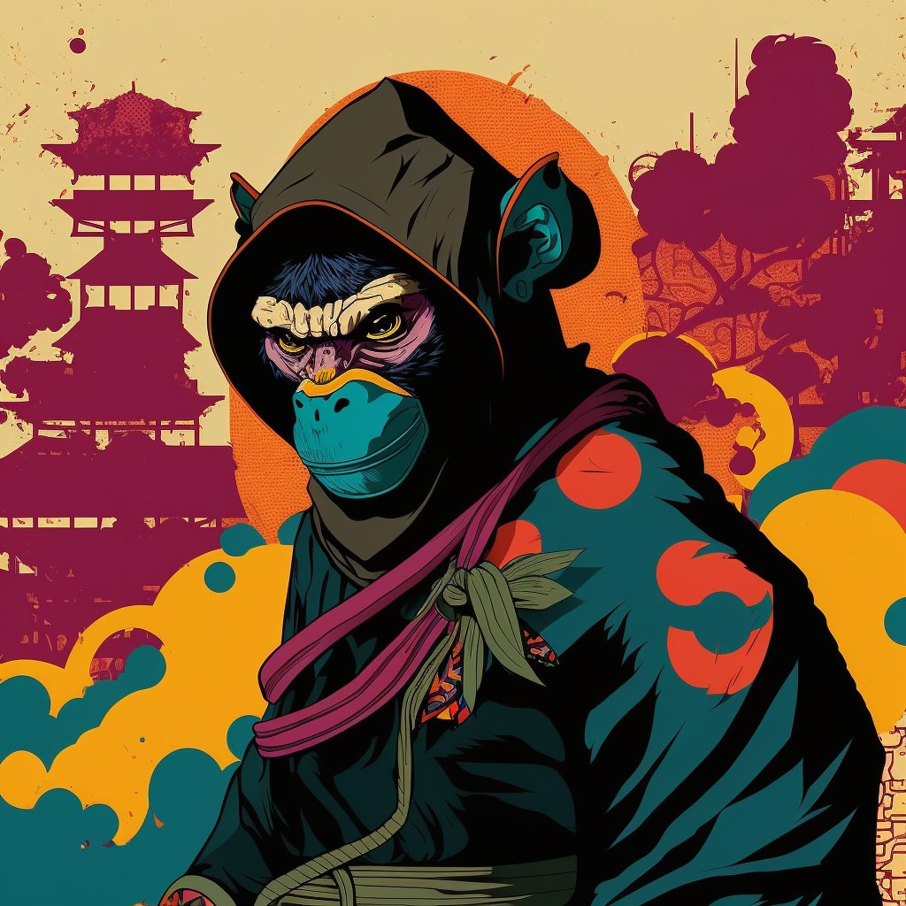 SimianSamurais's tweet photo. Shinobi Chimpanzee #2 is a deadly and stealthy assassin in the "Simian Samurai's" NFT collection. Dressed in sleek black, this cunning warrior is ready to strike with lethal precision.

#nftcollector #nft #ApesTogetherStrong #Artists 

https://t.co/BH2Yvhs4Xn https://t.co/rQV6MkuvT5