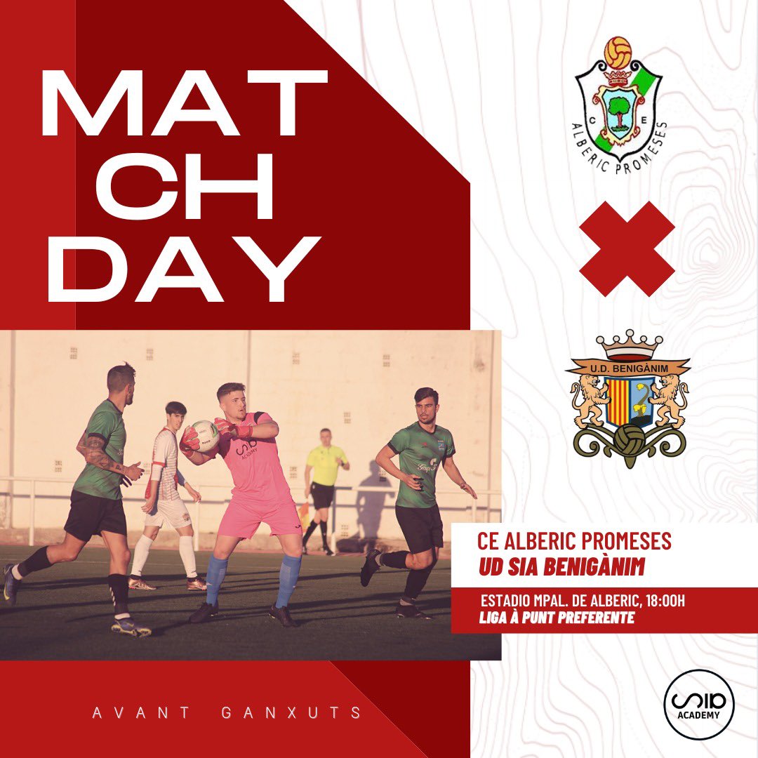 𝙈𝘼𝙏𝘾𝙃𝘿𝘼𝙔 🏟

⚽️ Dentro de unas horas la UD SIA Benigànim disputará la 29ª jornada de Regional Preferente vs CE Alberic Promeses

🕒 A las 18:00h comienza el partido en el Estadio Municipal de Alberic.

#AlbericBeniganim
#AvantGanxuts⚪️🔴⚪️