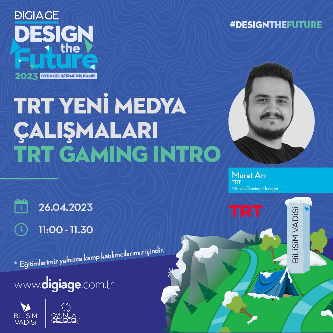 bvdigiage's tweet image. TRT | Mobile Gaming Manager Murat Arı kampta katılımcılarımızla bir araya gelecek. 🚀  

👉🏻TRT Yeni Medya Çalışmaları: TRT Gaming Intro sürecini katılımcılarımızla paylaşacak.📚

#designthefuture #futuredesigner